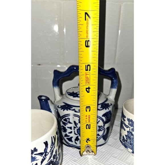 Tea Set Blue White Willow Phoenix Scene Teapot 3 cups - Picture 3 of 9